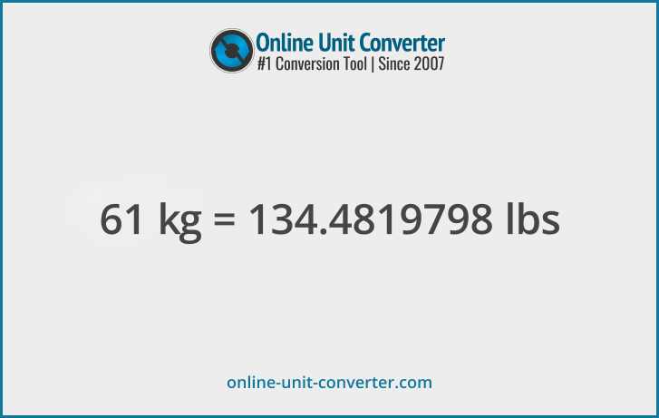 61 kg in lbs. Convert 61 kilograms to pounds