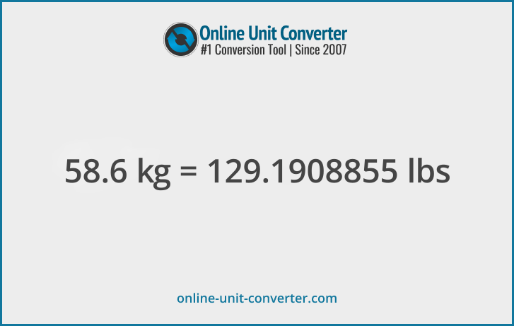 58.6 kg in lbs. Convert 58.6 kilograms to pounds