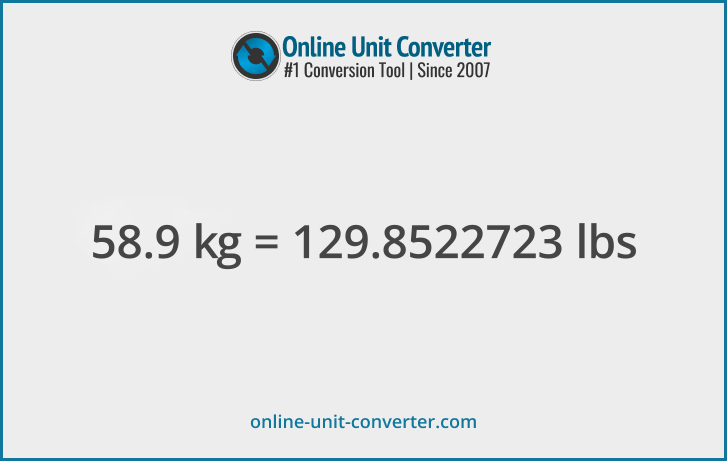 58.9 kg in lbs. Convert 58.9 kilograms to pounds