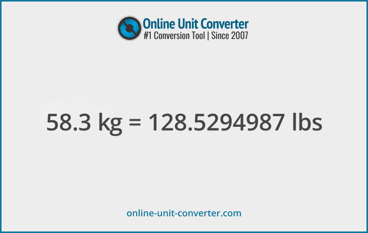 58.3 kg in lbs. Convert 58.3 kilograms to pounds