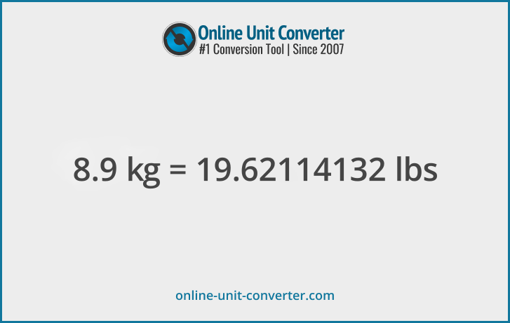 8.9 kg in lbs. Convert 8.9 kilograms to pounds