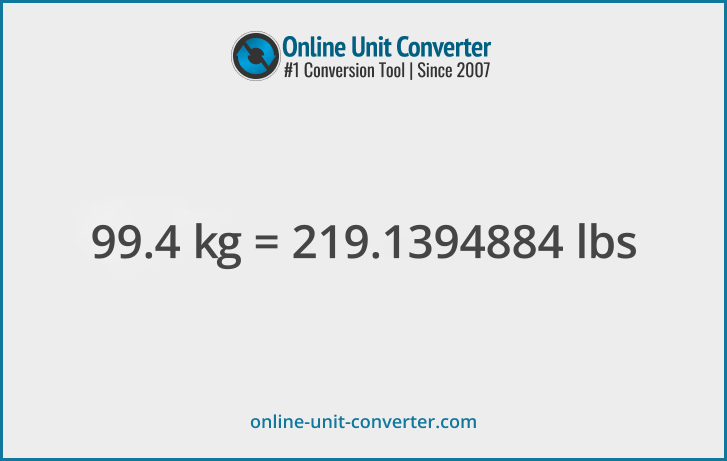 99.4 kg in lbs. Convert 99.4 kilograms to pounds