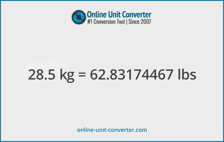 28.5 kg in lbs. Convert 28.5 kilograms to pounds