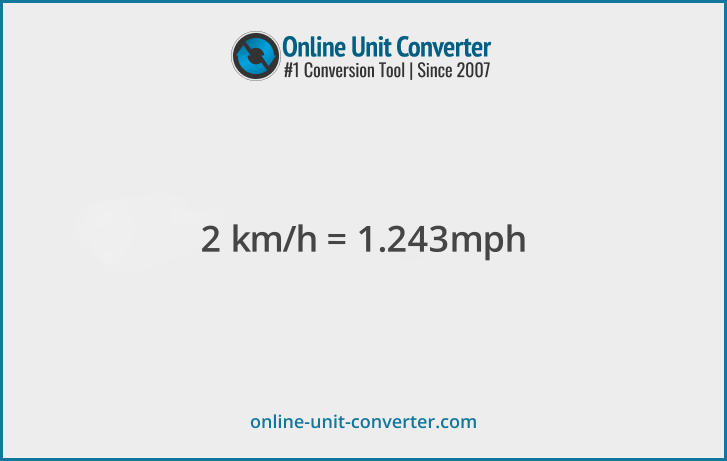 2 km/h in mph. Convert 2 kilometers per hour to miles per hour