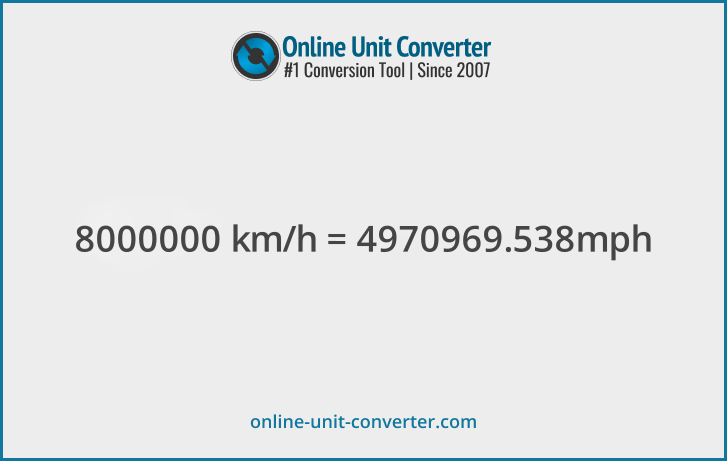 8000000 km/h in mph. Convert 8000000 kilometers per hour to miles per hour