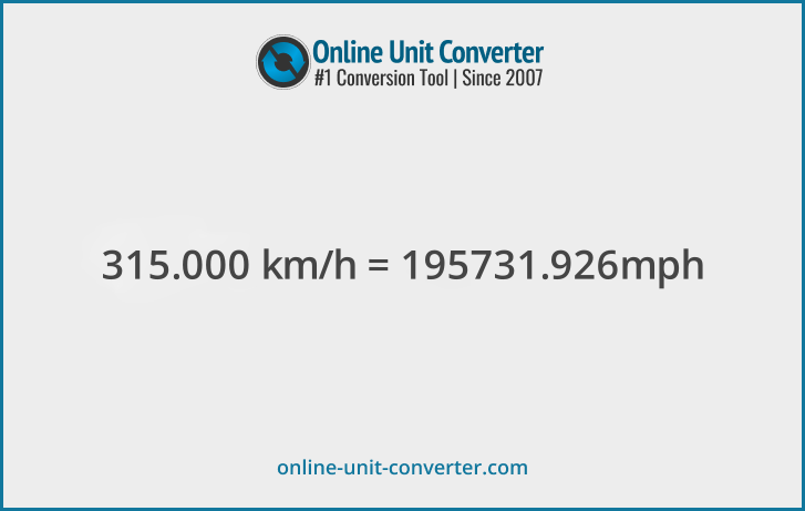 315,000 km/h in mph. Convert 315,000 kilometers per hour to miles per hour