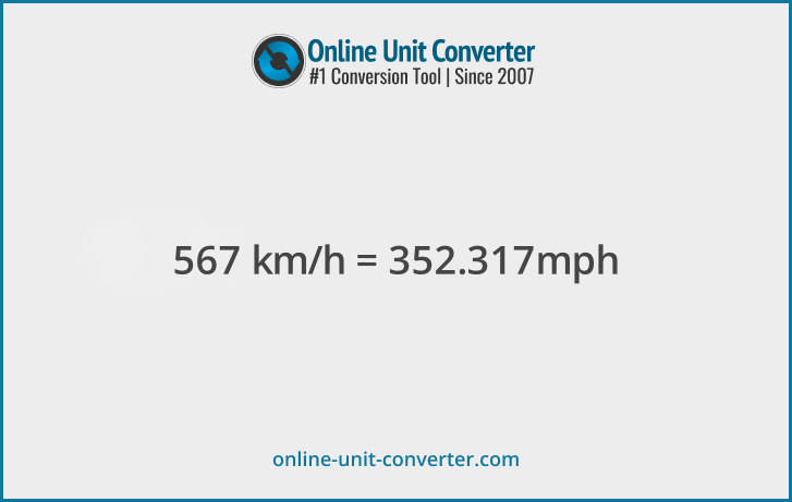 567 km/h in mph. Convert 567 kilometers per hour to miles per hour