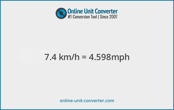 7.4 km/h in mph. Convert 7.4 kilometers per hour to miles per hour