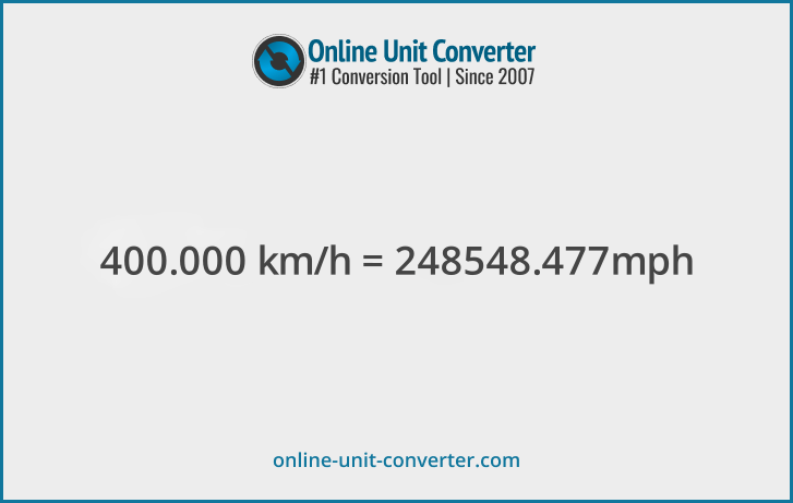 400,000 km/h in mph. Convert 400,000 kilometers per hour to miles per hour