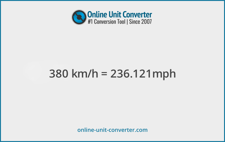 380 km/h in mph. Convert 380 kilometers per hour to miles per hour