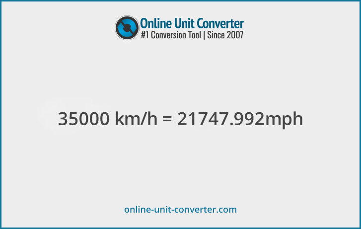 35000 km/h in mph. Convert 35000 kilometers per hour to miles per hour