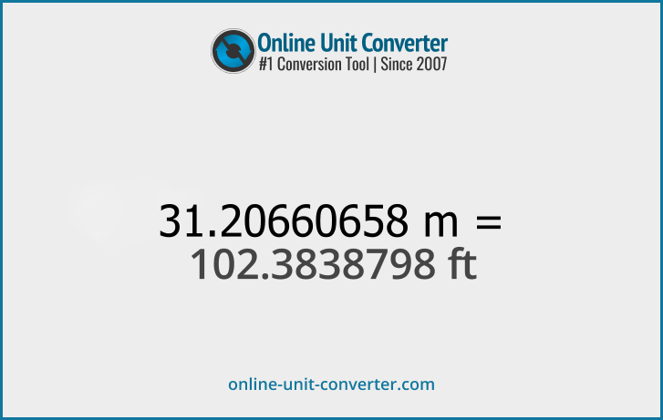 31.20660658 m in ft. Convert 31.20660658 meters to feet