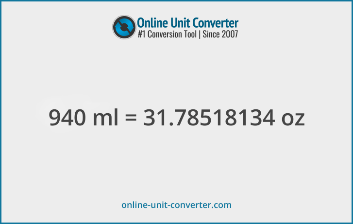 940 ml in oz. Convert 940 milliliters to fluid ounces