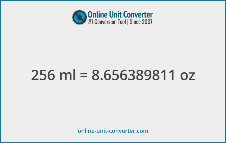 256 ml in oz. Convert 256 milliliters to fluid ounces