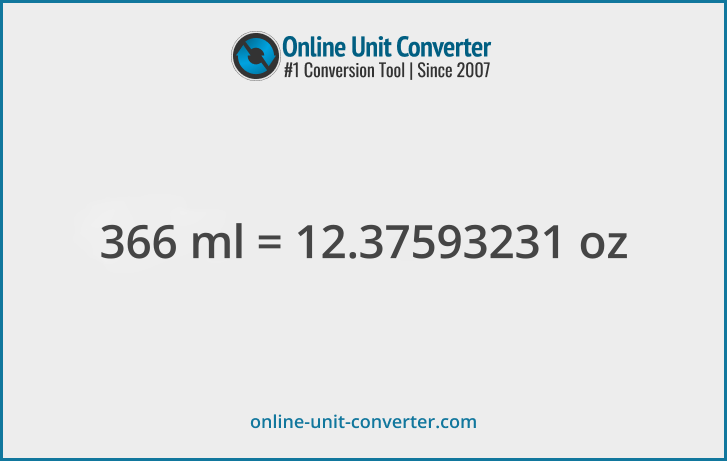 366 ml in oz. Convert 366 milliliters to fluid ounces