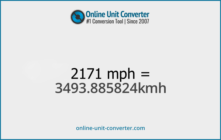 2171 mph in km/h. Convert 2171 miles per hour to kilometers per hour