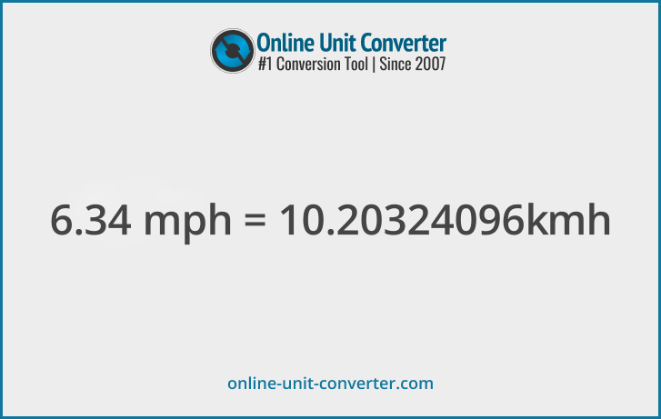 6.34 mph in km/h. Convert 6.34 miles per hour to kilometers per hour