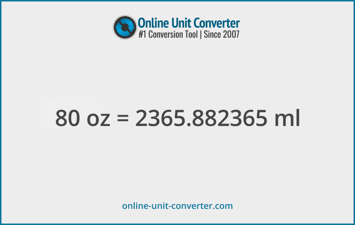 80 oz in ml. Convert 80 fluid ounces to milliliters