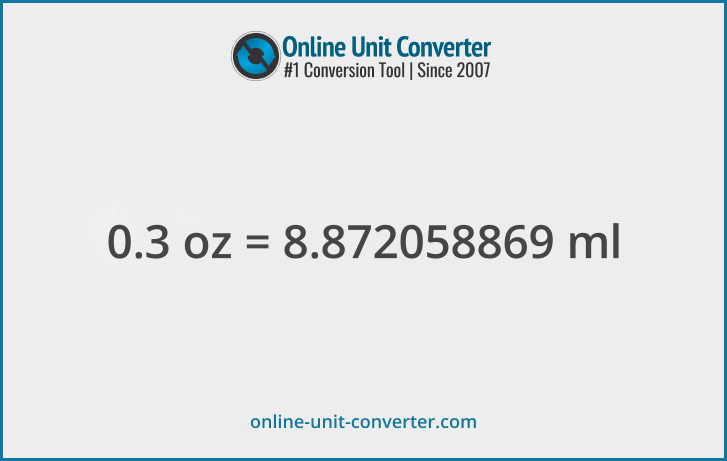 0.3 oz in ml. Convert 0.3 fluid ounces to milliliters