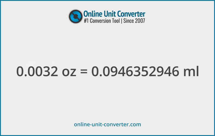 0.0032 oz in ml. Convert 0.0032 fluid ounces to milliliters