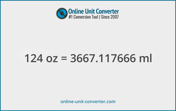 124 oz in ml. Convert 124 fluid ounces to milliliters