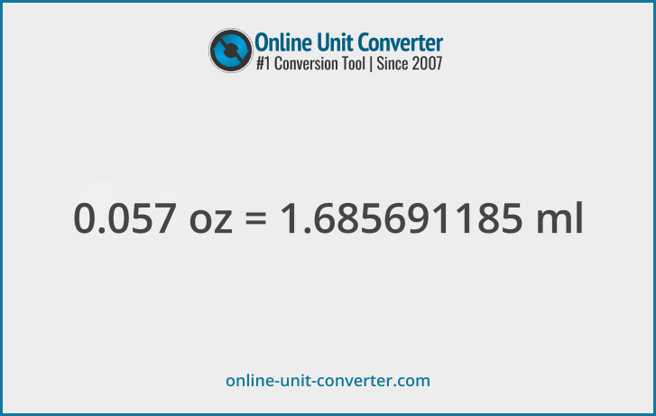 0.057 oz in ml. Convert 0.057 fluid ounces to milliliters