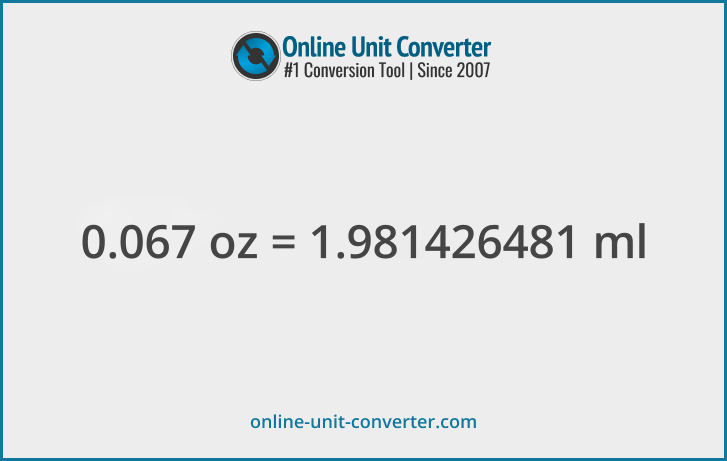 0.067 oz in ml. Convert 0.067 fluid ounces to milliliters