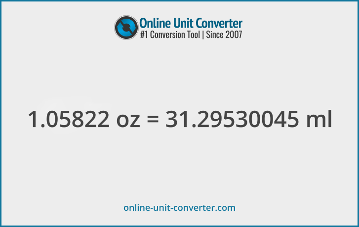 1.05822 oz in ml. Convert 1.05822 fluid ounces to milliliters